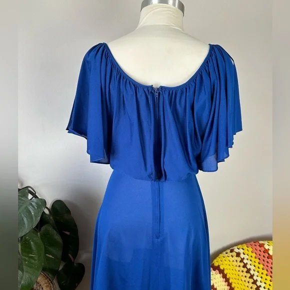 Vintage 70’s Young Edwardian Royal Blue Angel Sleeve Sheer Midi Dress - Picture 10 of 14